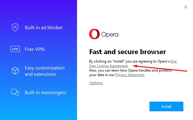 Opera installation screen: Clickwrap agreement highlighted