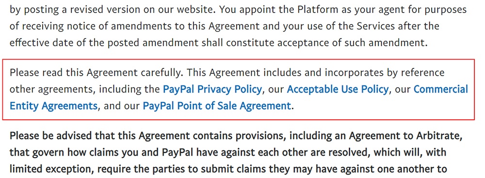 PayPal Seller Account Agreement: Incorporated agreements section