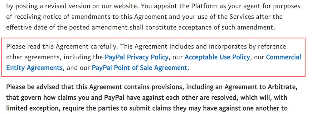 PayPal Seller Account Agreement: Incorporated agreements section