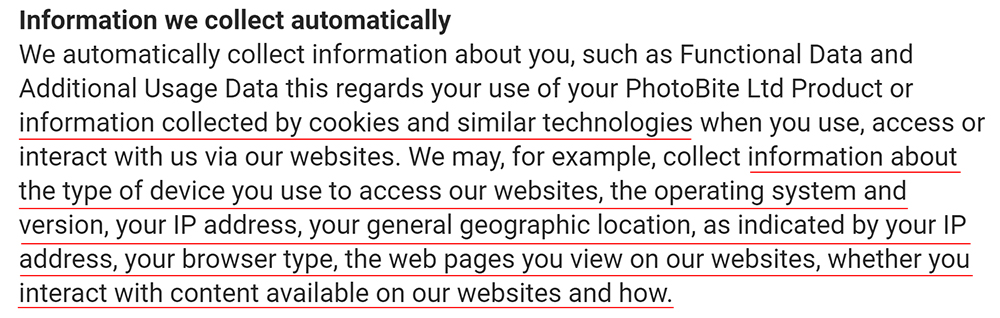 PhotoBite Privacy Policy: Information we collect automatically clause