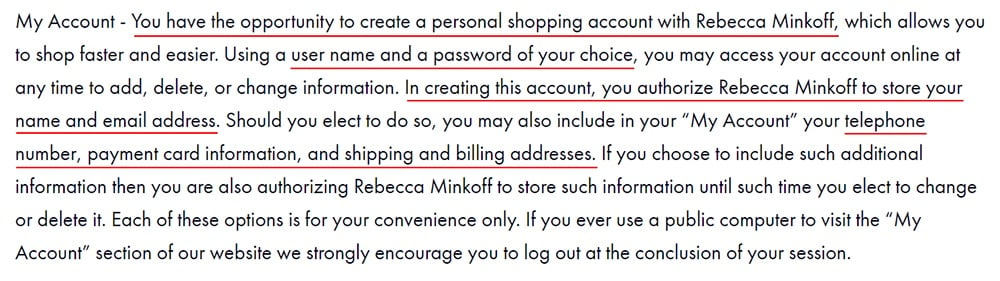 Rebecca Minkoff Privacy and Security Policy: My Account clause