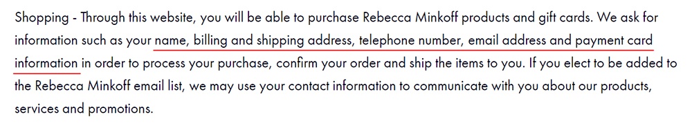 Rebecca Minkoff Privacy and Security Policy: Shopping clause