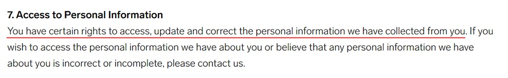 RedDress Privacy Policy: Access to Personal Information clause