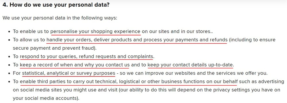 River Island Privacy Notice: How do we use your personal data clause excerpt