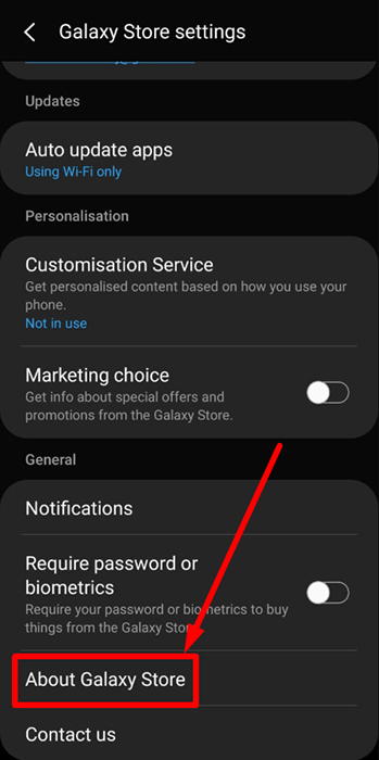 Samsung Galaxy Store app Settings menu: About Galaxy Store highlighted