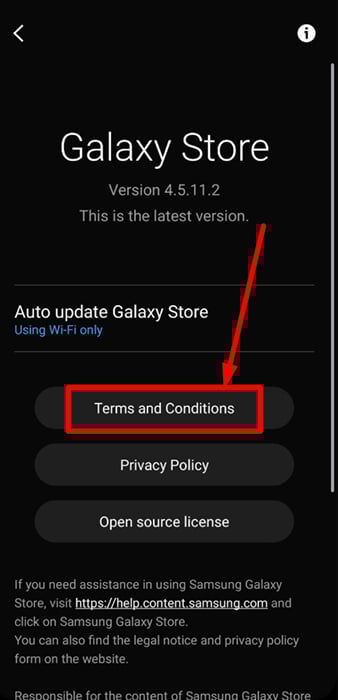 Samsung Galaxy Store app Settings menu: Terms and Conditions link highlighted