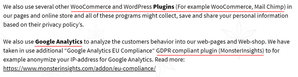 Scandinavian Diamonds Privacy Policy: Plugins and Analytics clause excerpt