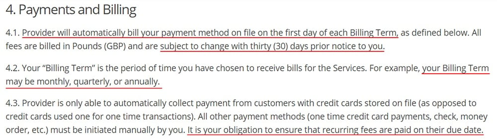 Secure Fast Hosting Terms of Service: Payments and Billing clause