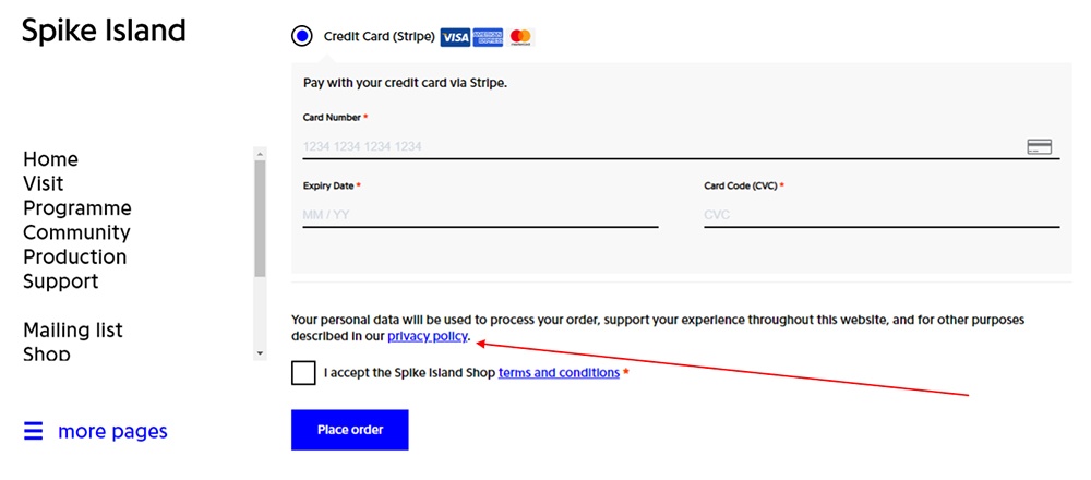 Spike Island checkout form with Privacy Policy link highlighted