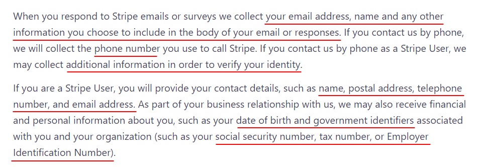 Stripe Privacy Policy: Excerpt of Personal data we collect clause