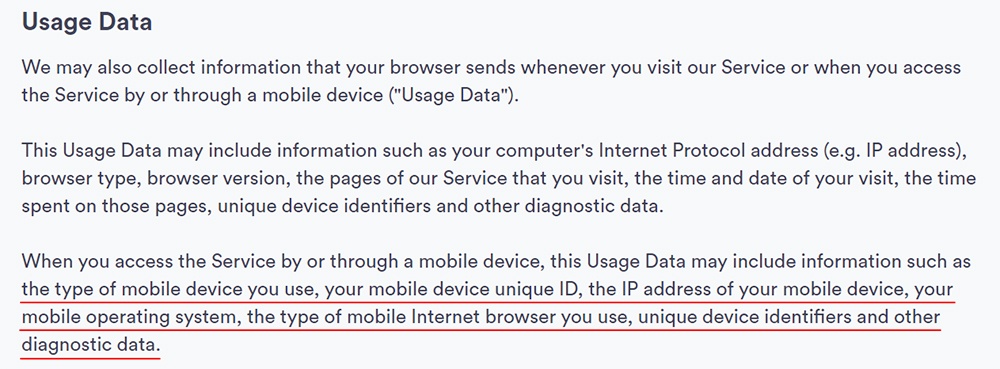 Termius Privacy Policy: Usage Data clause