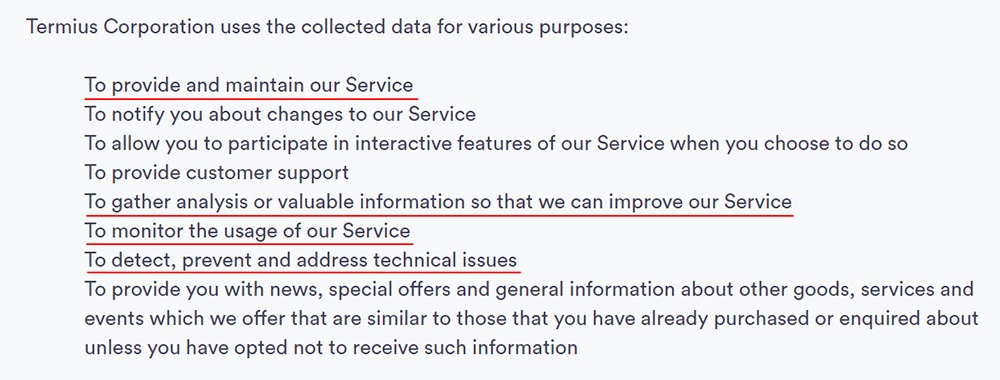 Termius Privacy Policy: Use of data clause