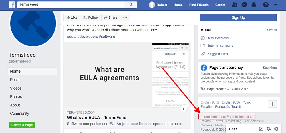 Screenshot of TermsFeed Facebook page