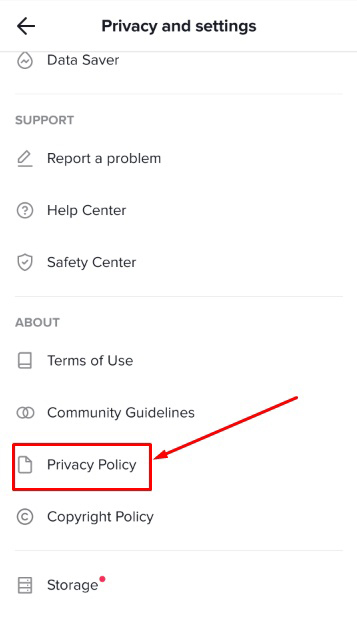 TikTok app Privacy and Settings menu: Privacy Policy highlighted
