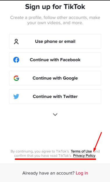 TikTok app sign-up screen with Privacy Policy link highlighted