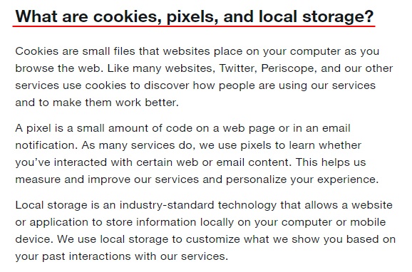 Twitter Help Center: What are cookies, pixels and local storage section