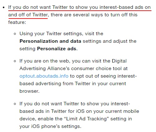 Twitter Help Center: How to opt out of cookies and interest-based ads section