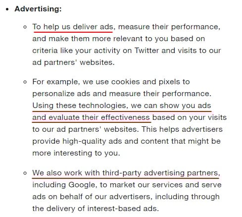 Twitter Help Center: Why are cookies used - Advertising section
