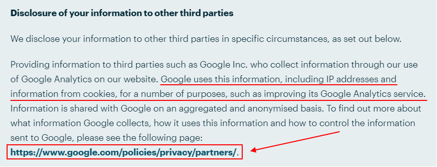 Up Hotel Agency Privacy Policy: Disclosure of your information to other third parties clause - Google link highlighted