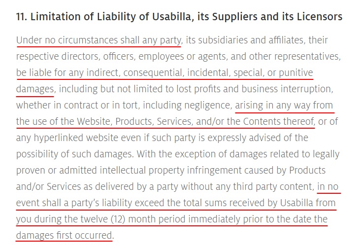 Usabilla Terms and Conditions: Limitation of Liability clause