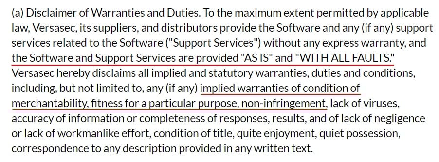 Versasec EULA: Disclaimer of Warranties and Duties clause