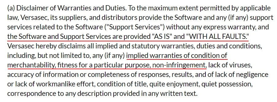 Versasec EULA: Disclaimer of Warranties and Duties clause