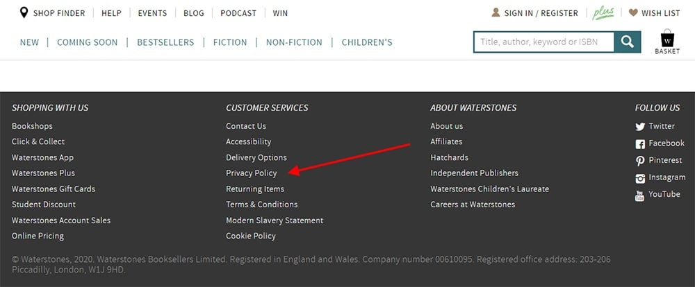 Waterstones website footer with links and Privacy Policy highlighted