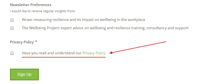 The Wellbeing Project email newsletter signup form with Privacy Policy link highlighted