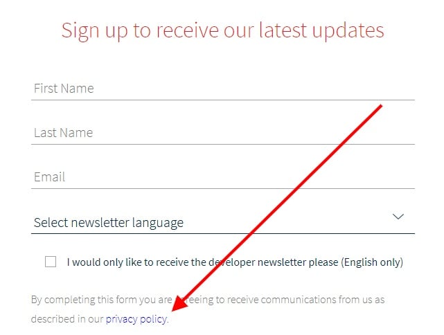 what3words email sign-up form with Privacy Policy highlighted