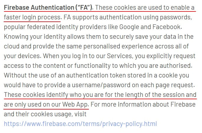 YourMD Cookie Policy: Firebase Authentication clause