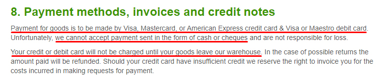 zooplus Terms and Conditions: Payment methods, invoices and credit notes clause excerpt