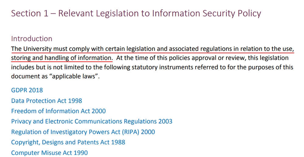 Aston University Information Security Policy: Relevant Legislation - Introduction clause