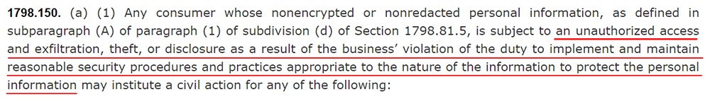 California Legislative Info CCPA: 1798 150 a 1: Data breach civil action section