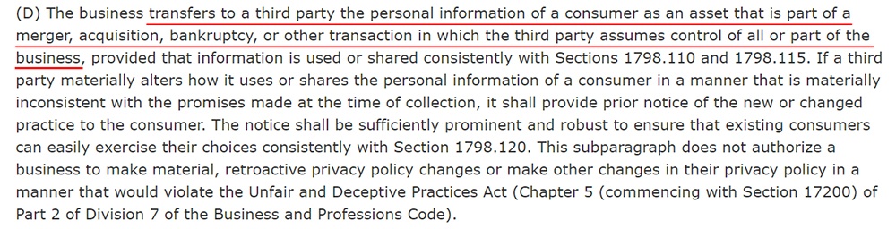 California Legislative Information: CCPA AB-375 - Sale exception: Mergers, acquisitions and bankruptcies