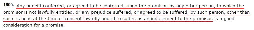 California Legislative Information: Civil Code Section 1605 - Definition of consideration