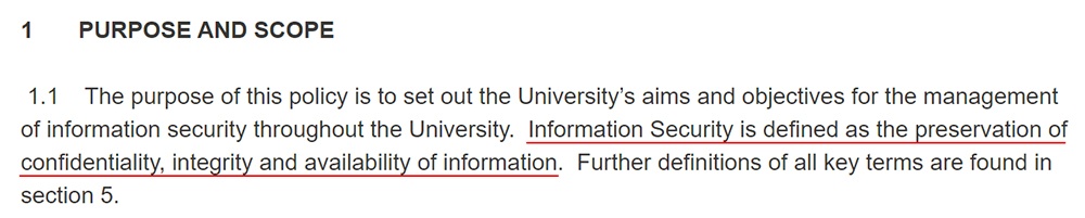 Cardiff University Information Security Policy: Purpose section of Purpose and Scope clause