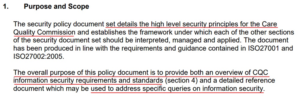 Care Quality Commission Information Security and Governance Policy: Purpose and Scope clause