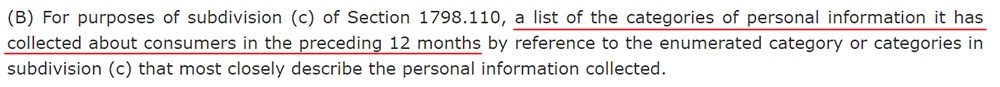 CCPA Section 1798-130: Categories of personal information collected in 12 months requirement