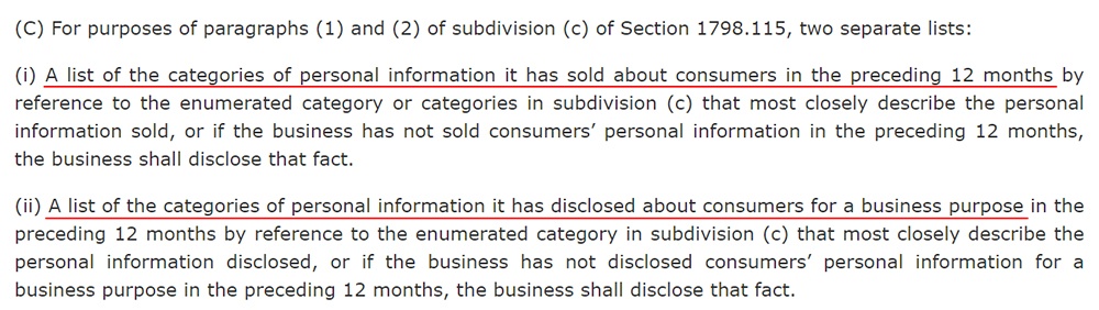 CCPA Section 1798-130: Categories of personal information sold and disclosed in 12 months requirement