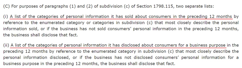 CCPA Section 1798-130: Categories of personal information sold and disclosed in 12 months requirement