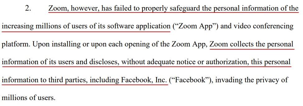 Court Listener: Zoom class action complaint - Section 2