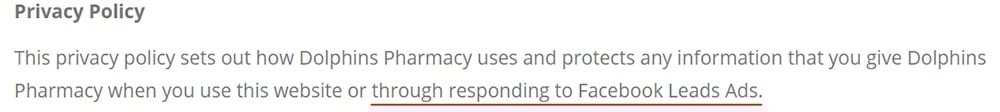 Dolphins Pharmacy Privacy Policy: Facebook Lead Ads clause