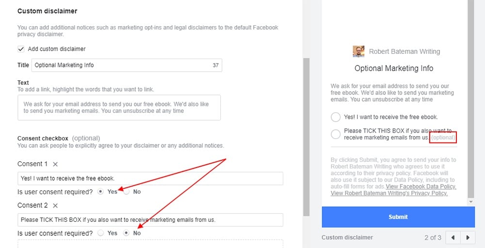 Facebook Ad creation form: Custom Disclaimer - Consent options highlighted