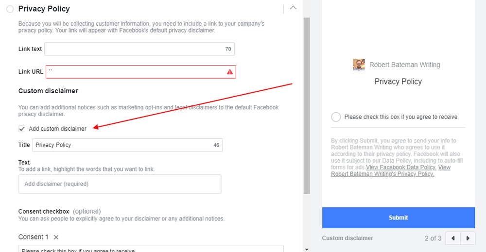 Facebook Ad creation form: Privacy Policy - Add custom disclaimer checkbox highlighted