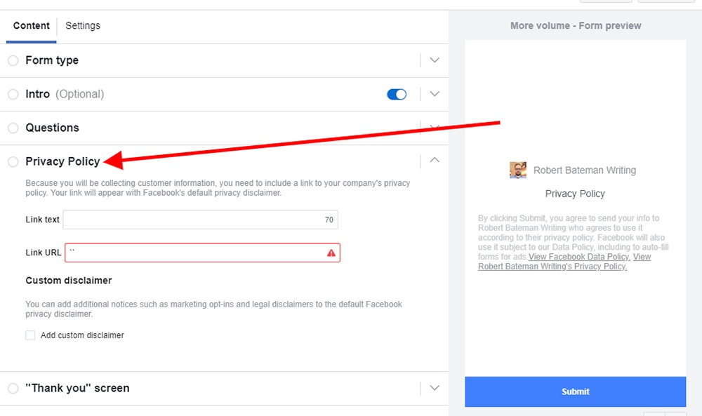 Facebook Ad creation form: Privacy Policy link highlighted