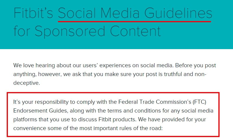 Fitbit Social Media Guidelines for Sponsored Content: Comply with the FTC clause