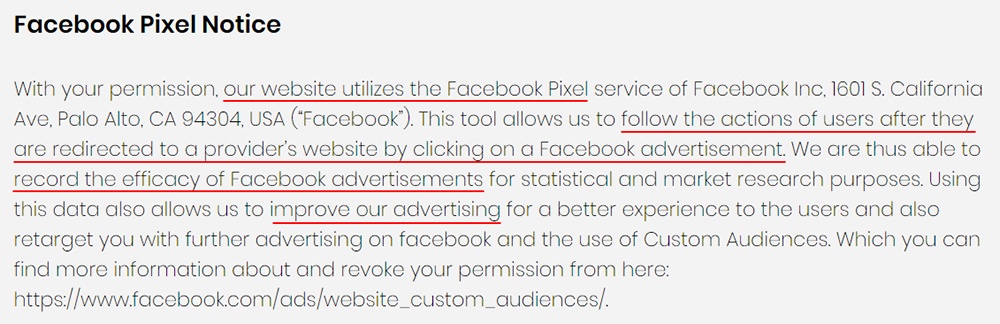 ID Fitness Privacy Policy: Facebook Pixel Notice clause