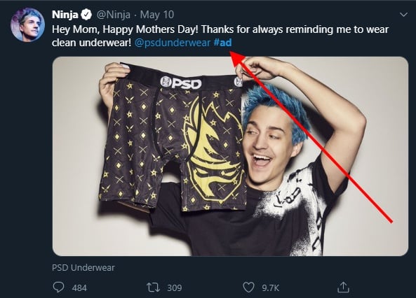 Ninja Twitter account with ad hashtag