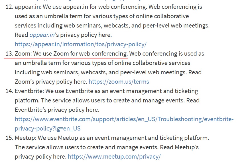 RStudio Privacy Policy: Third Party Vendors clause - Zoom section