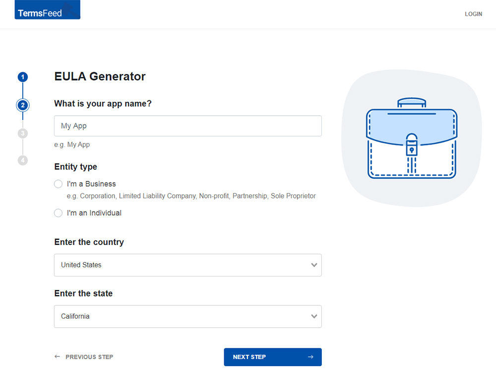 TermsFeed EULA Generator: Answer questions about your app - Step 2